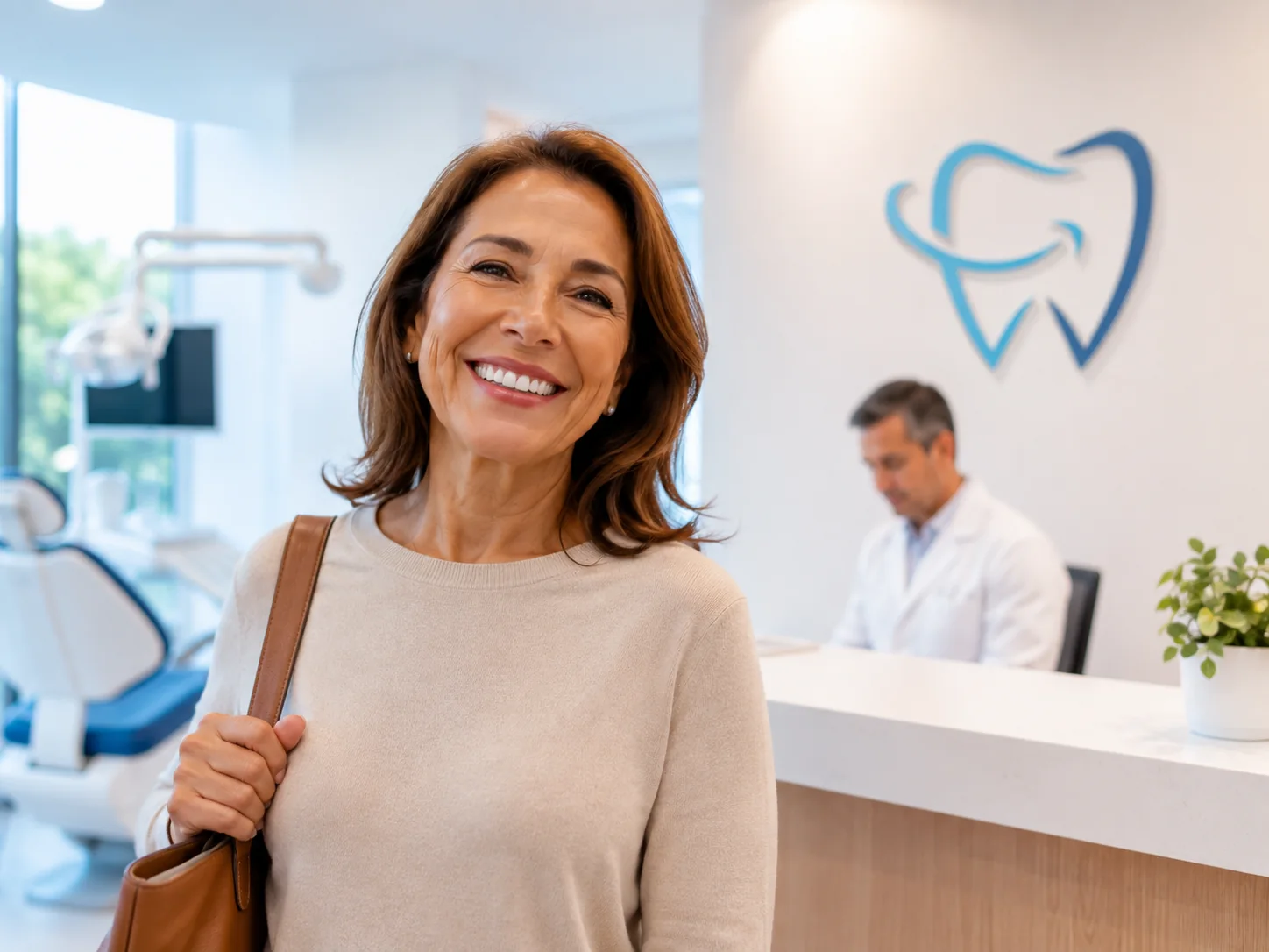 Paciente satisfeita após atendimento em clínica odontológica