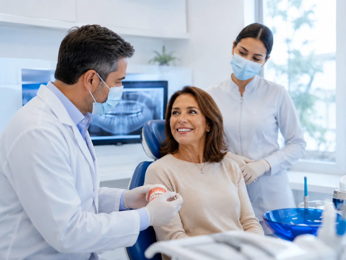 Dentista explicando tratamento odontológico a uma paciente em ambiente moderno