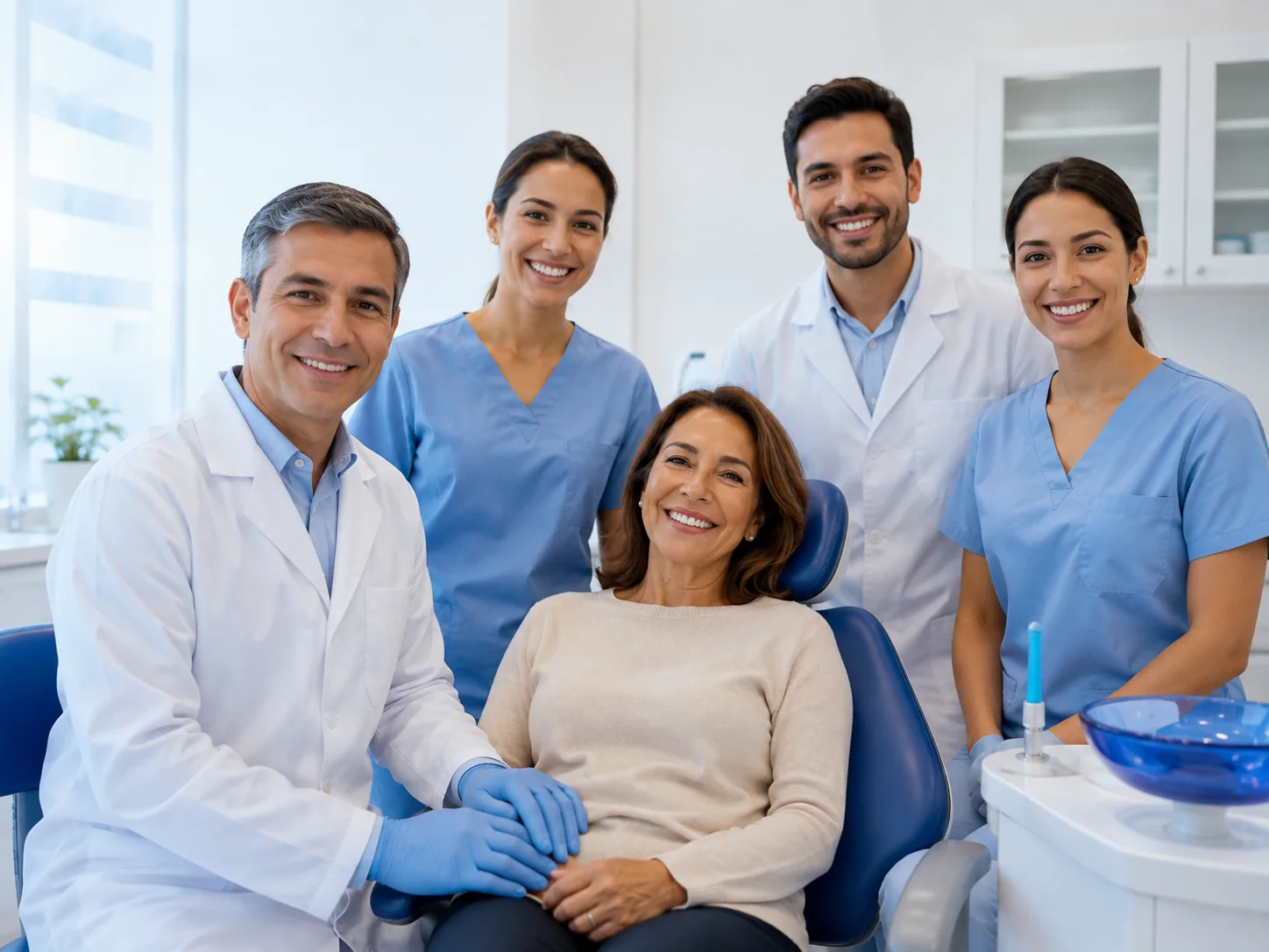 Equipe odontológica em clínica moderna e acolhedora